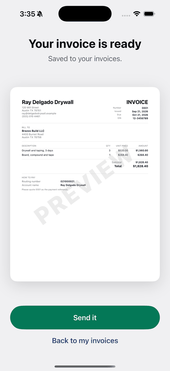 The finished American invoice on screen with a Send it button underneath.